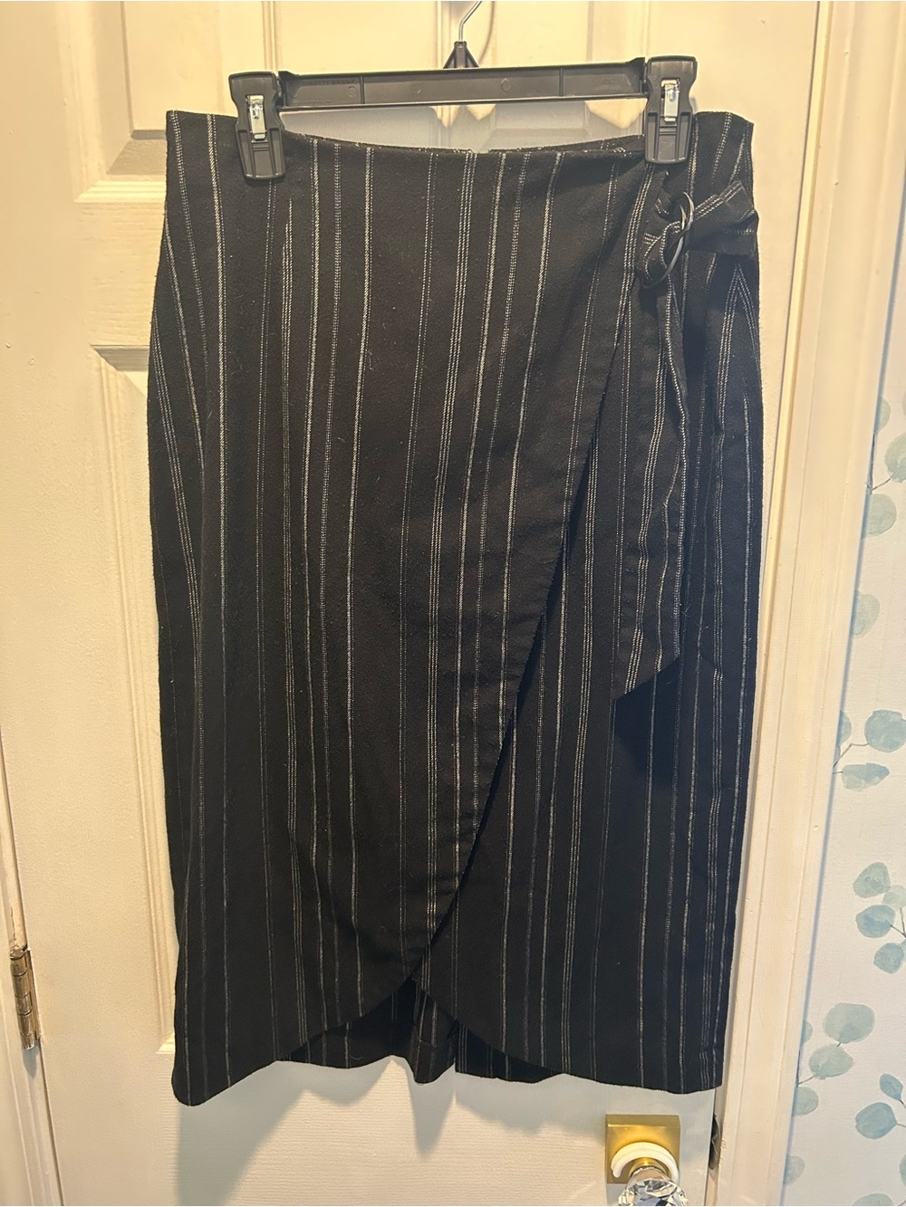 Leith Black Pinstripe Wrap Midi Skirt with Side Tie